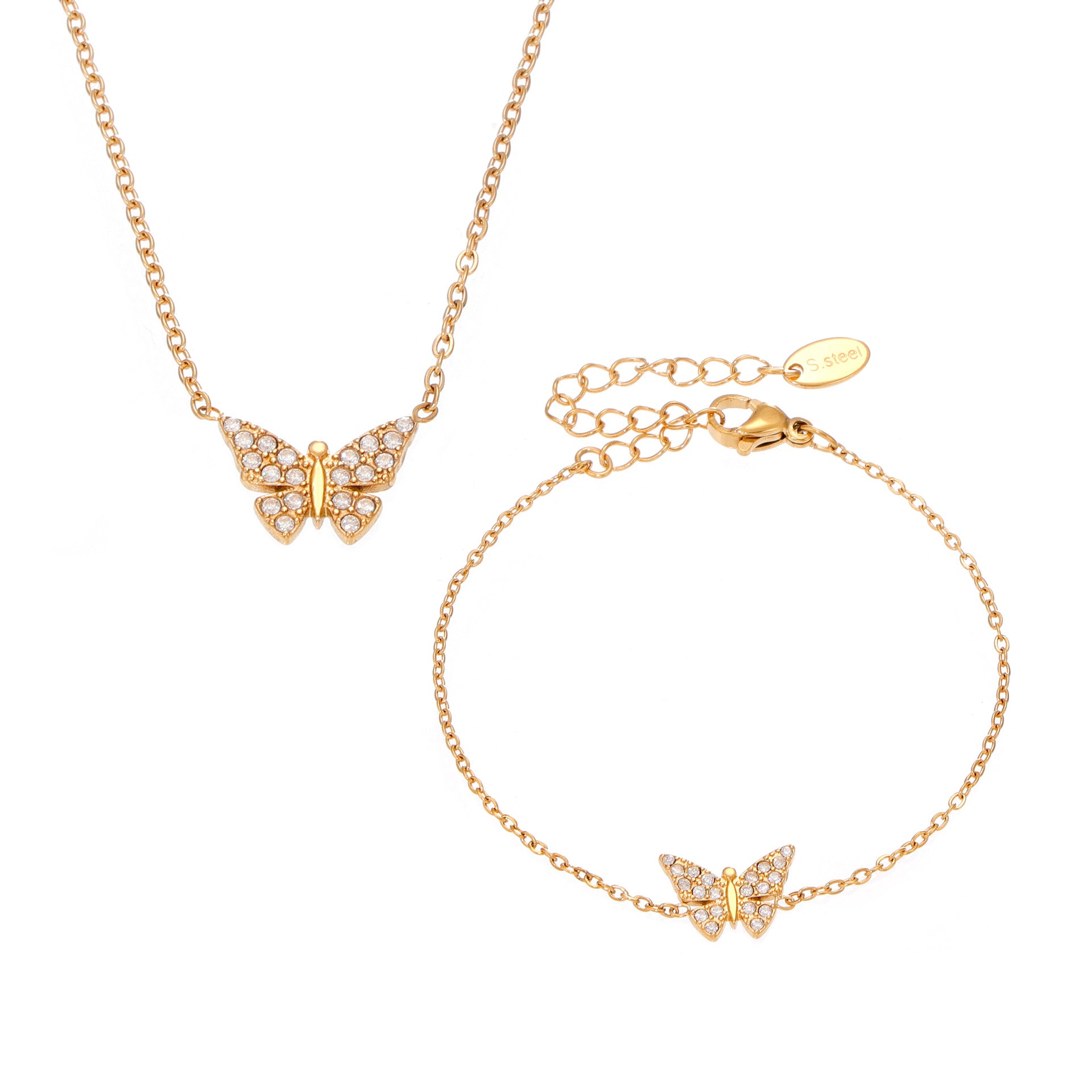 Full-diamond Butterfly Clavicle Necklace And Bracelet
